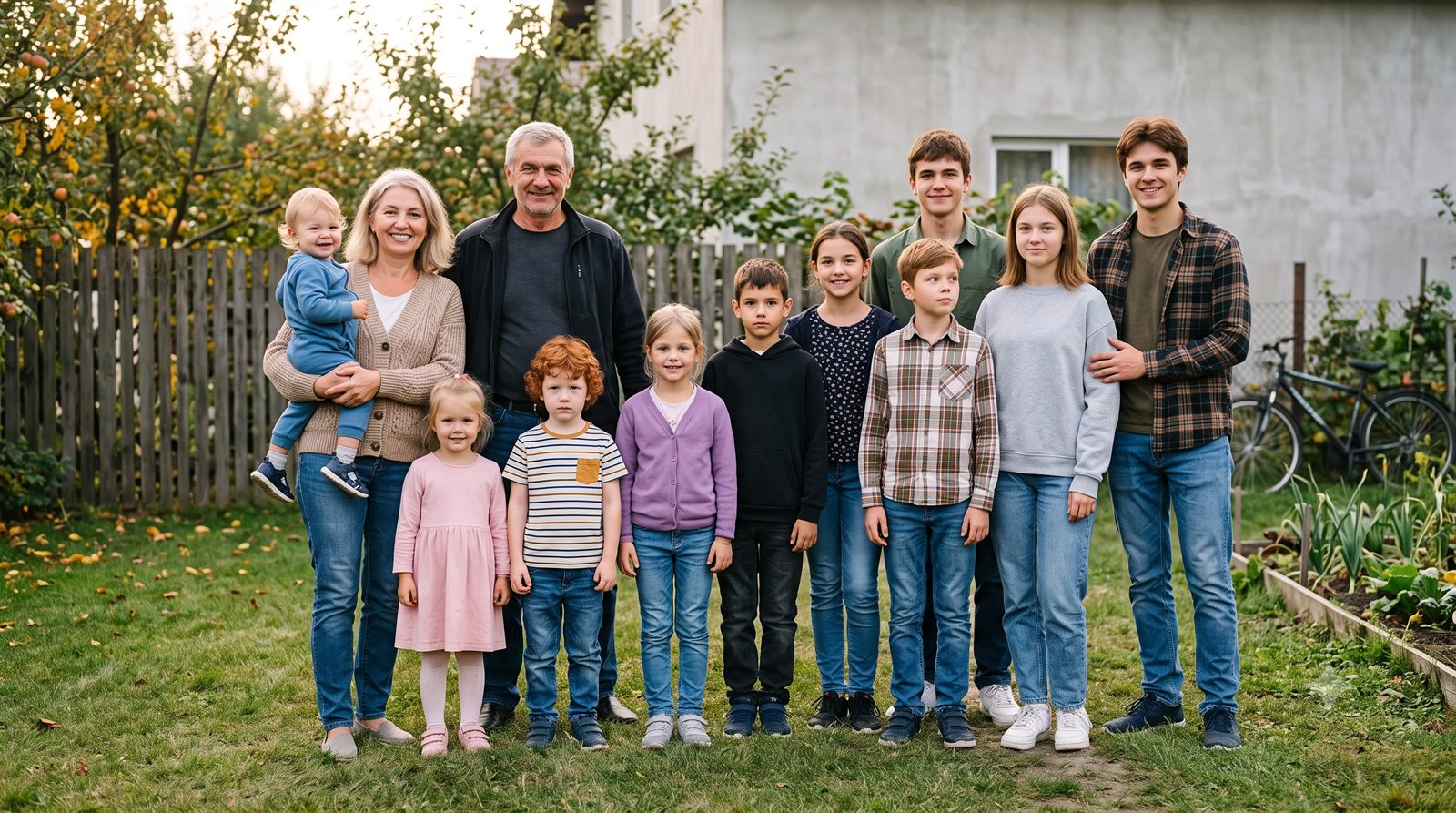 Велика прийомна родина — батьки та діти різного віку — стоять разом на подвір'ї сільського дому